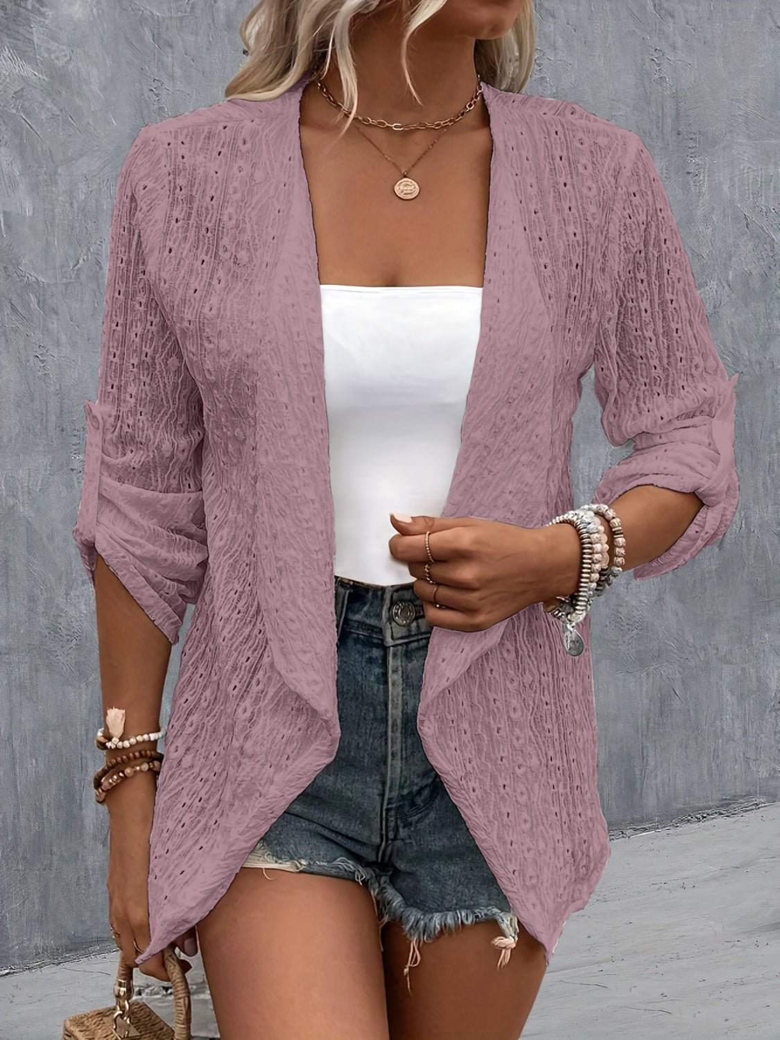 Eyelet Roll-Tab Sleeve Cardigan-Angel Casuals