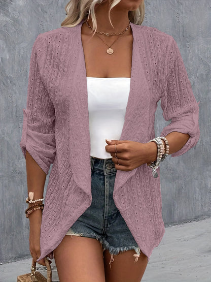 Eyelet Roll-Tab Sleeve Cardigan-Angel Casuals