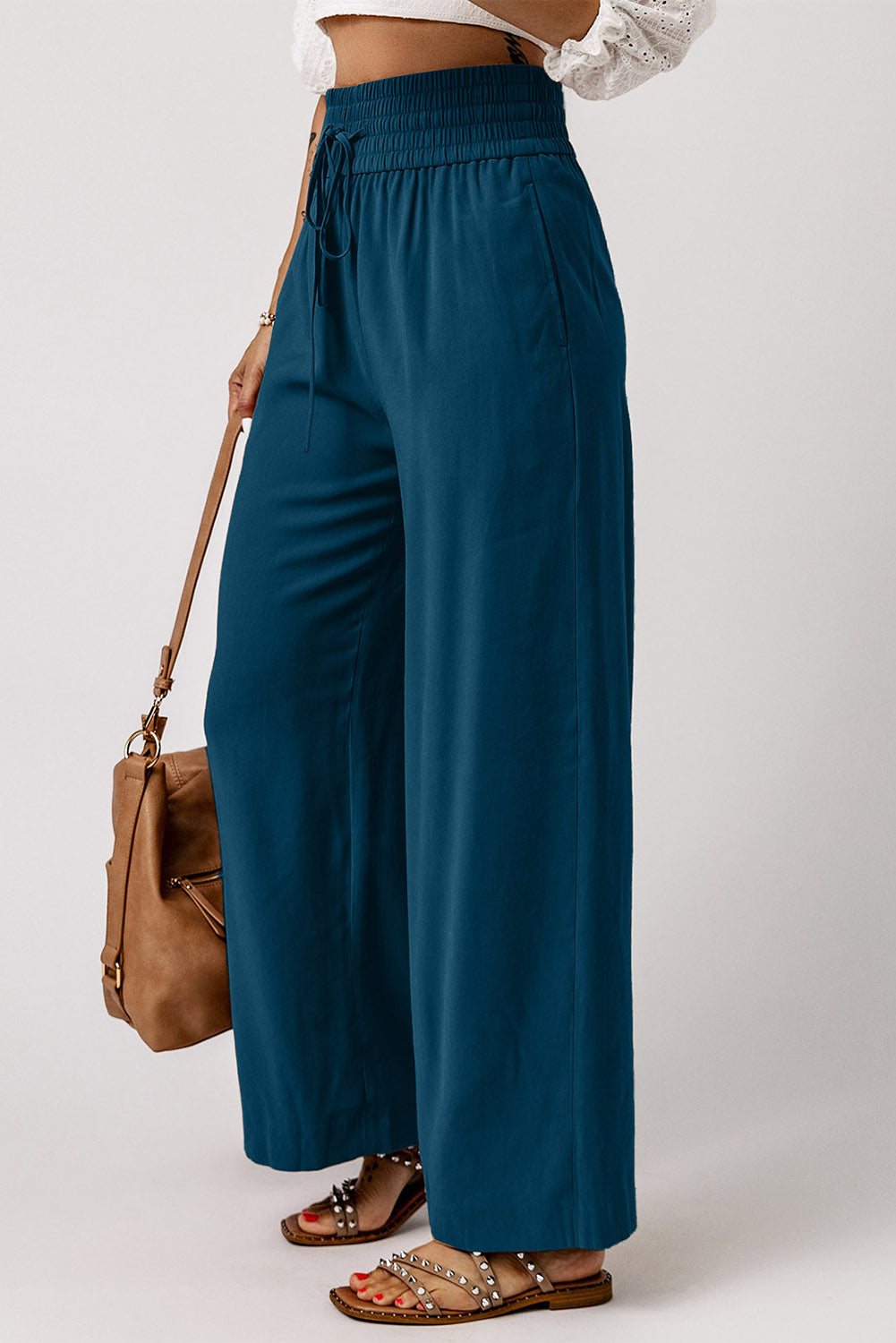 Drawstring Smocked Waist Wide Leg Pants-Angel Casuals