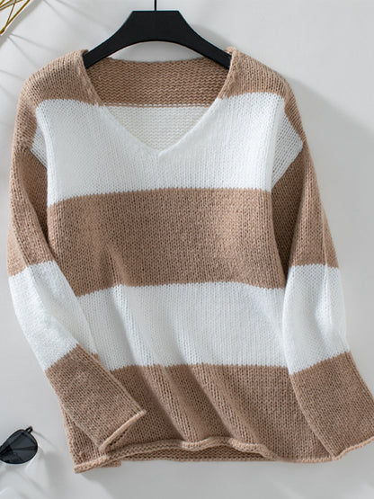 Color Block V-Neck Long Sleeve Sweater-Angel Casuals