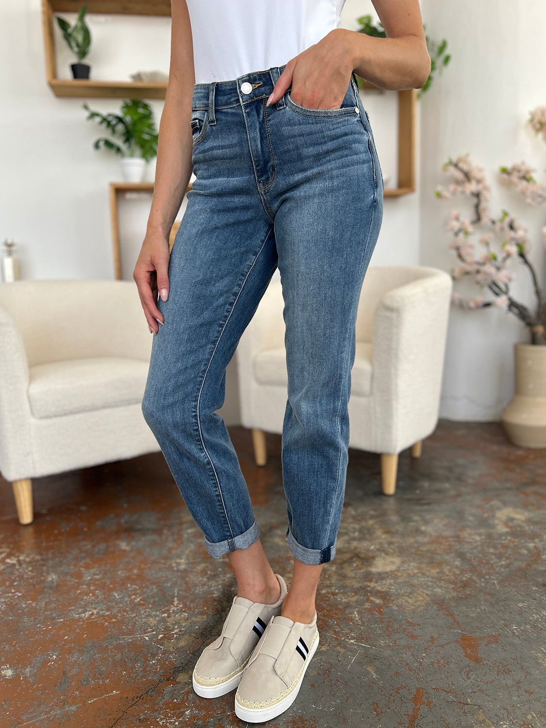 Judy Blue Full Size Cuffed Hem Slim Jeans-Angel Casuals