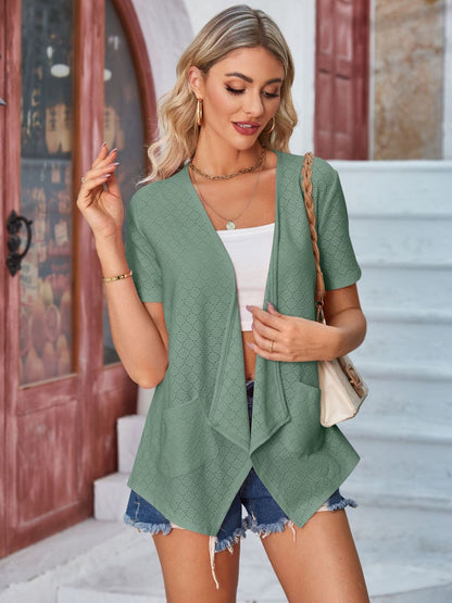 Eyelet Open Front Short Sleeve Cover Up-Angel Casuals