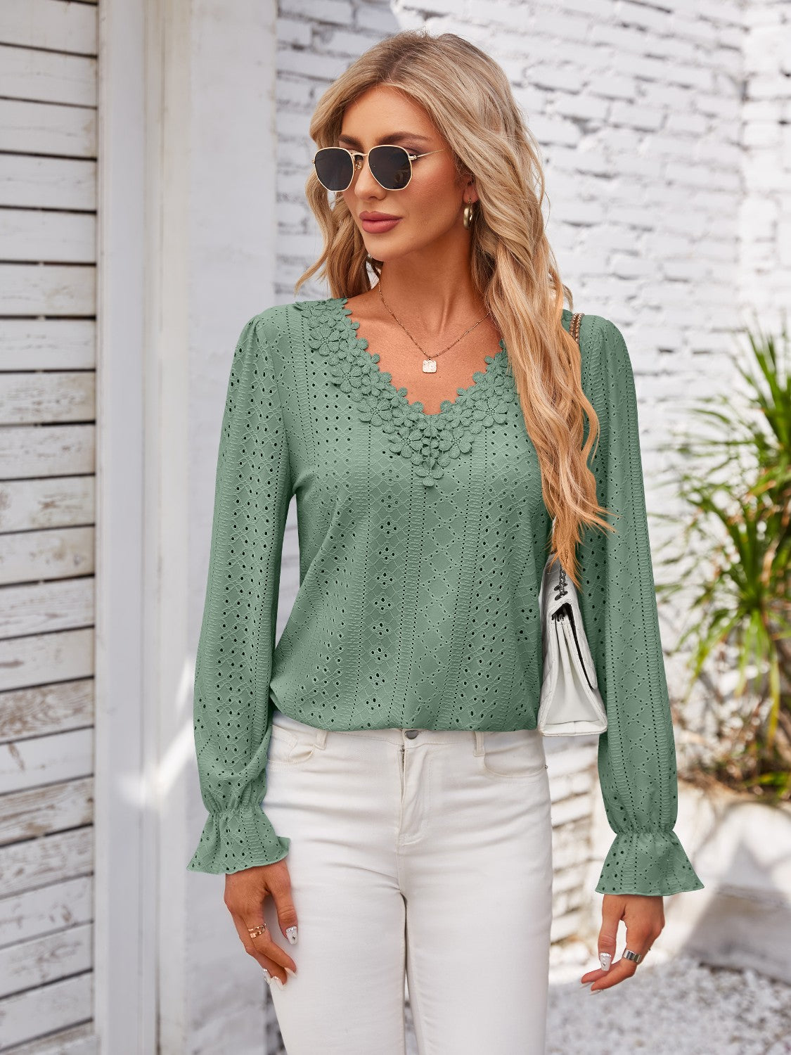 Applique V-Neck Flounce Sleeve T-Shirt-Angel Casuals