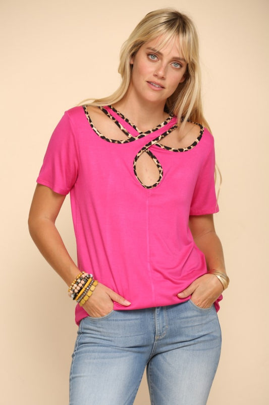 Celeste Full Size Crisscross Cutout Leopard Contrast Trim T-Shirt-Angel Casuals