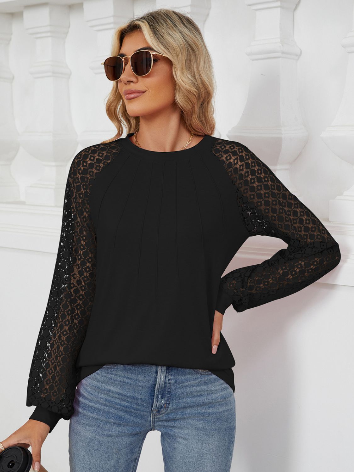 Round Neck Lace Long Sleeve Top-Angel Casuals