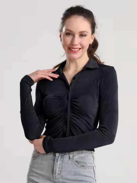 Ruched Button Up Long Sleeve T-Shirt-Angel Casuals