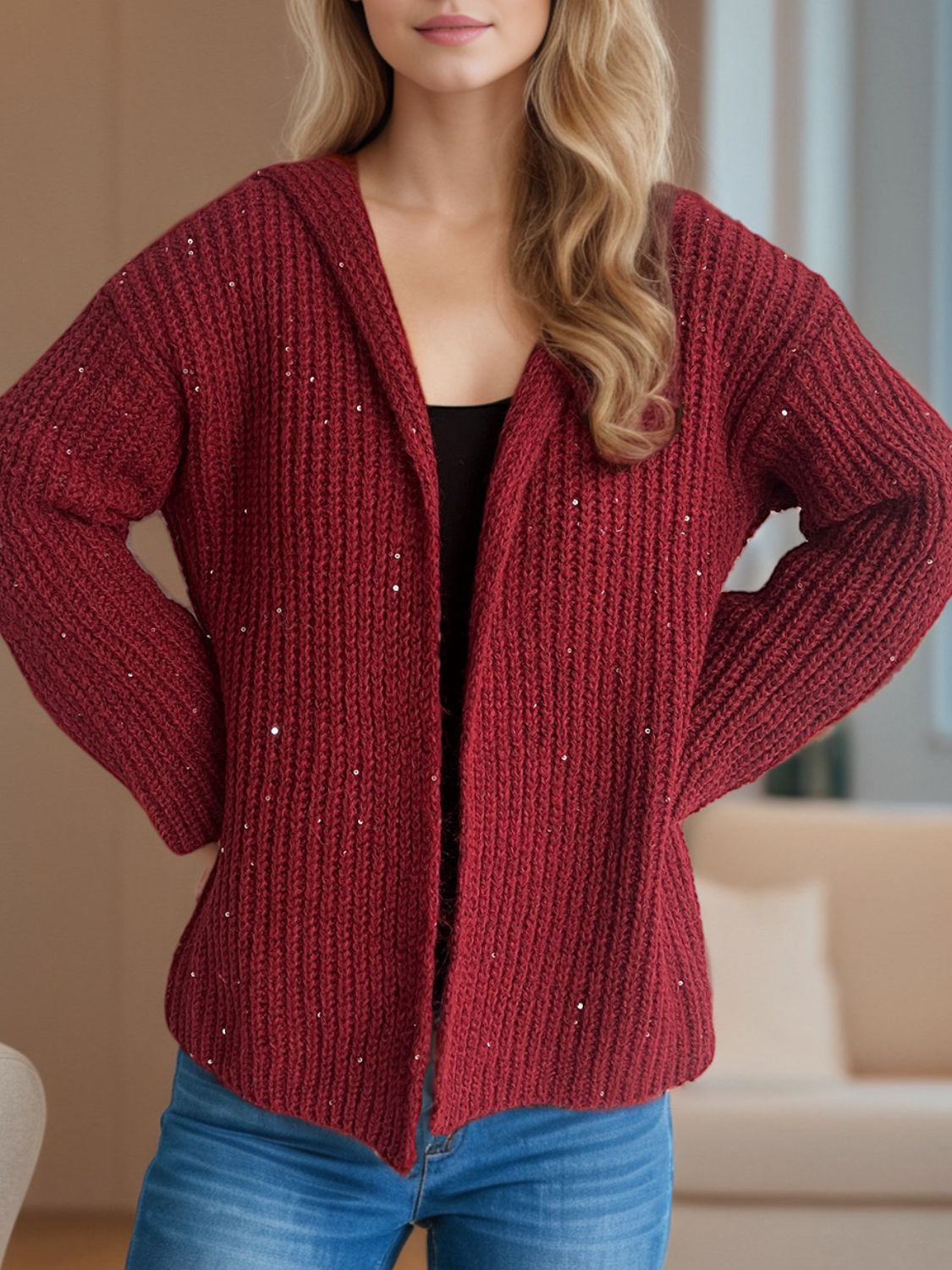 Sequin Detail Long Sleeve Hooded Cardigan-Angel Casuals