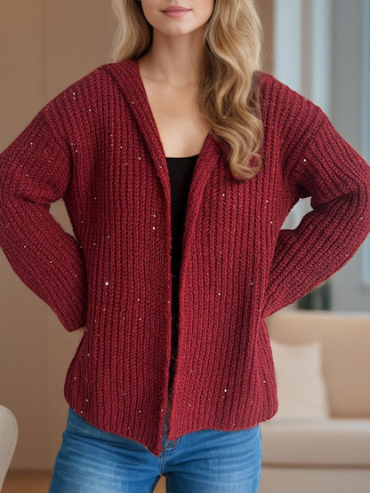 Sequin Detail Long Sleeve Hooded Cardigan-Angel Casuals