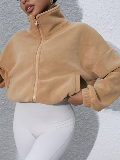 Drawstring Turtleneck Zip Up Long Sleeve Jacket-Angel Casuals