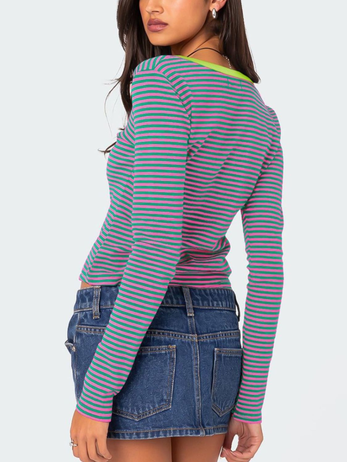 Buttoned Striped Long Sleeve T-Shirt-Angel Casuals