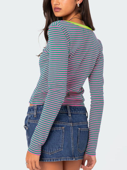 Buttoned Striped Long Sleeve T-Shirt-Angel Casuals