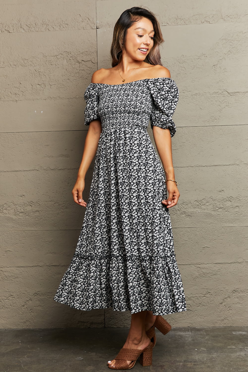 Floral Lace-Up Off-Shoulder Midi Dress-Angel Casuals