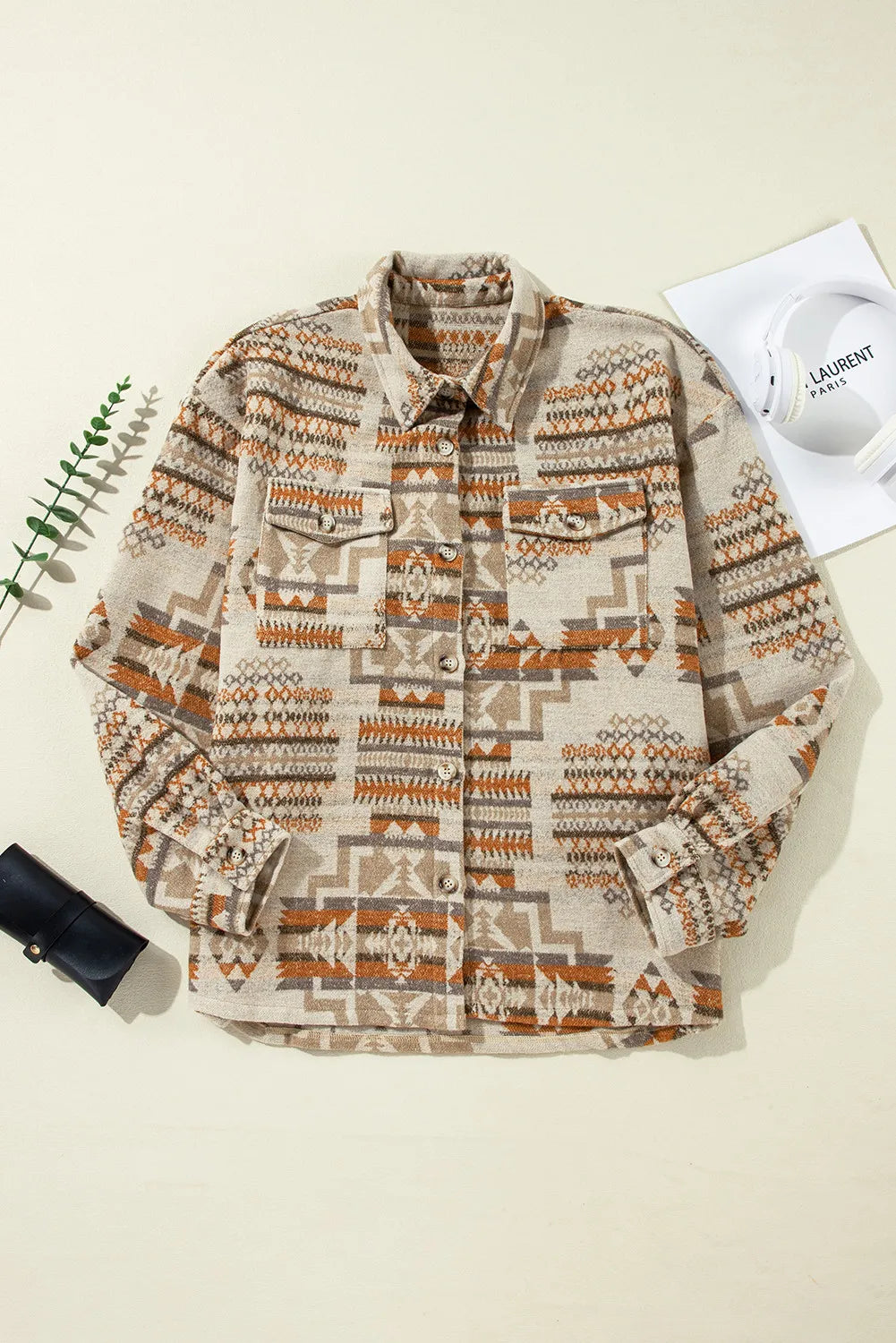 Plus Size Geometric Collared Neck Long Sleeve Jacket-Angel Casuals