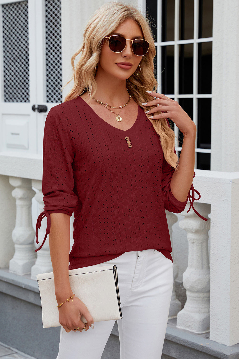 Eyelet Drawstring V-Neck Half Sleeve T-Shirt-Angel Casuals