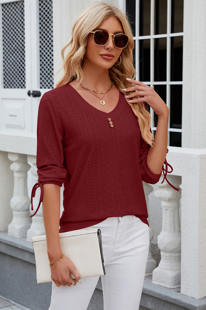 Eyelet Drawstring V-Neck Half Sleeve T-Shirt-Angel Casuals