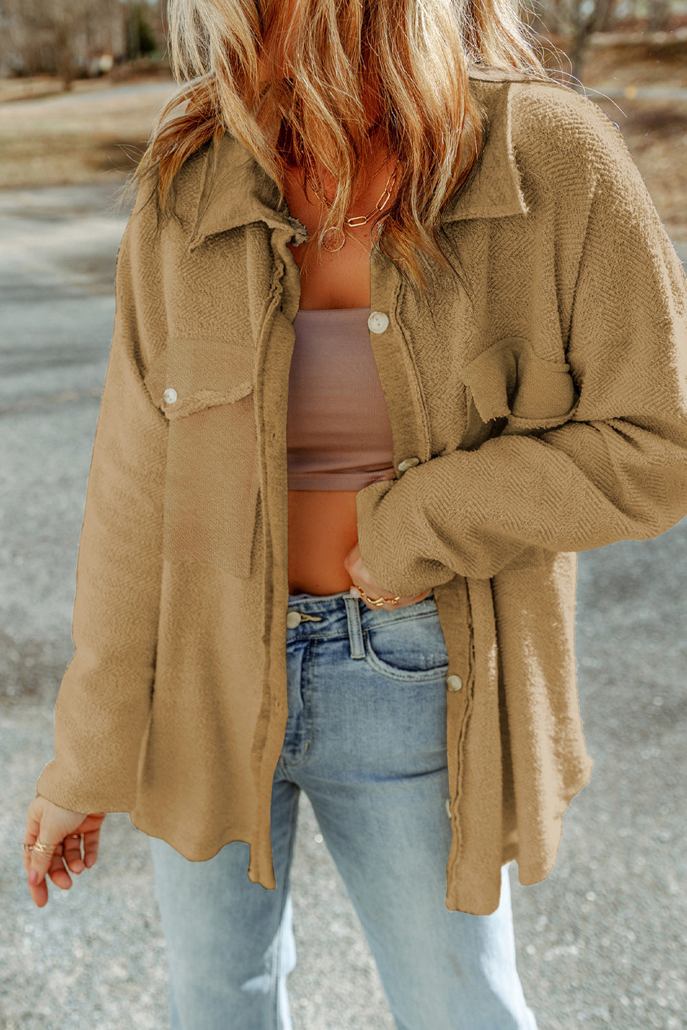 Pocketed Button Up Droppped Shoulder Jacket-Angel Casuals