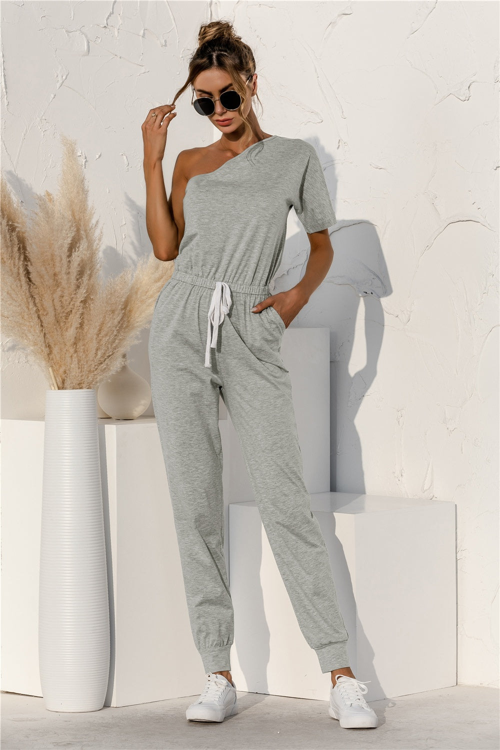 Single Shoulder Short Sleeve Jumpsuit-Angel Casuals