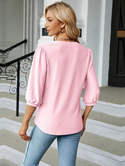 Notched Neck Three-Quarter Sleeve Blouse-Angel Casuals