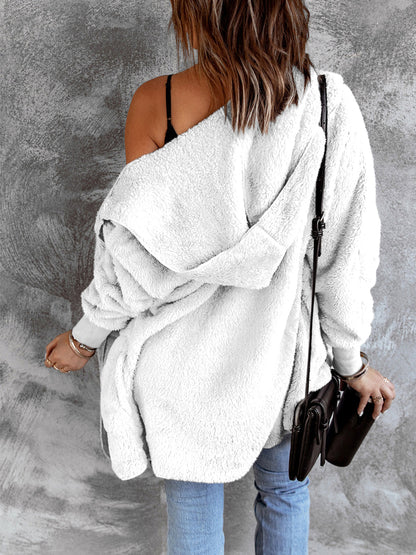 Open Front Hooded Faux Fur Outwear with Pockets-Angel Casuals