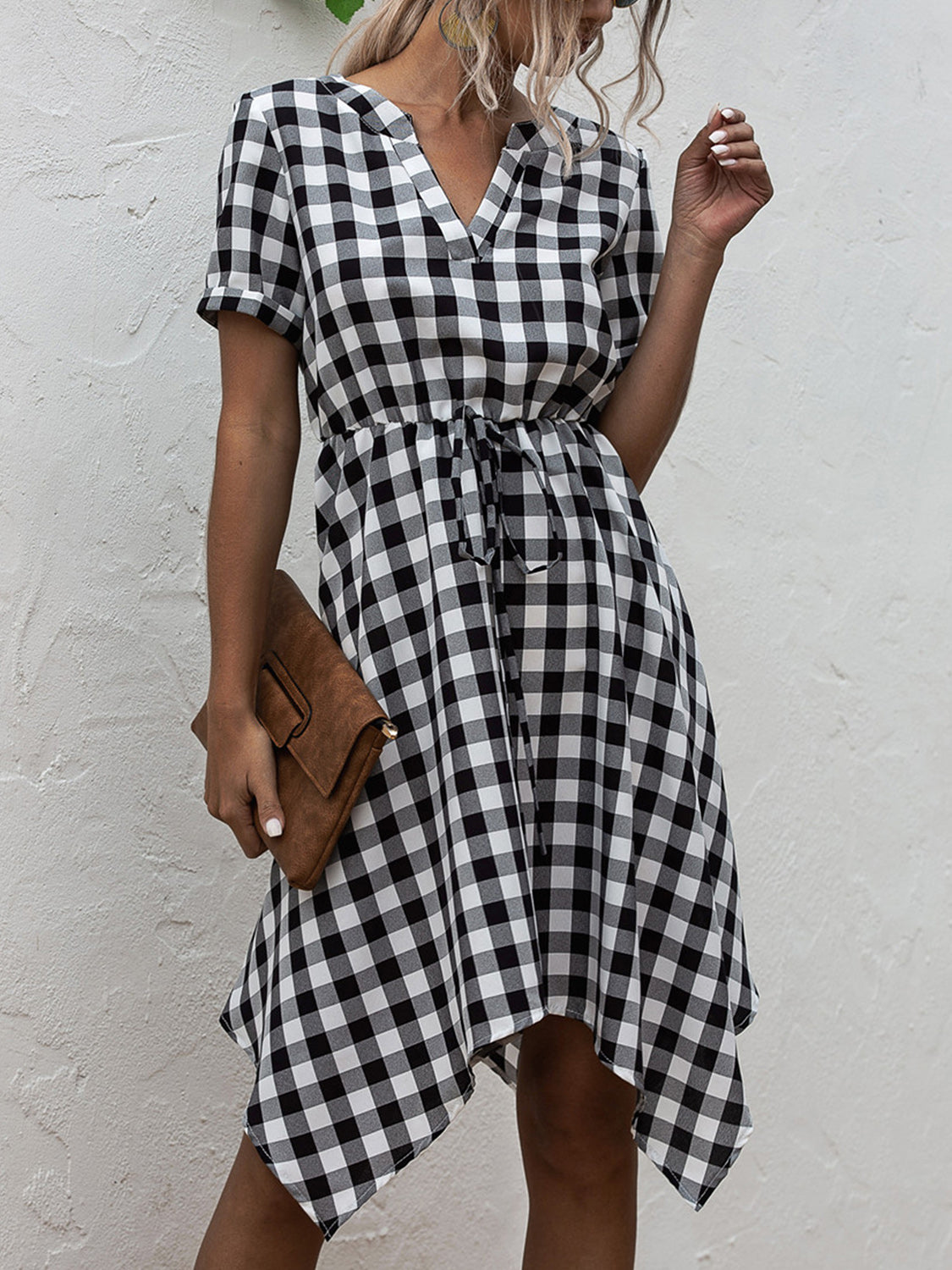 Plaid Notched Short Sleeve Dress-Angel Casuals