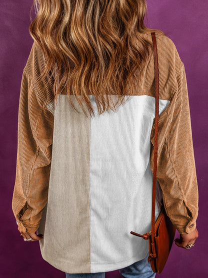Color Block Ribbed Pocketed Button Up Jacket-Angel Casuals