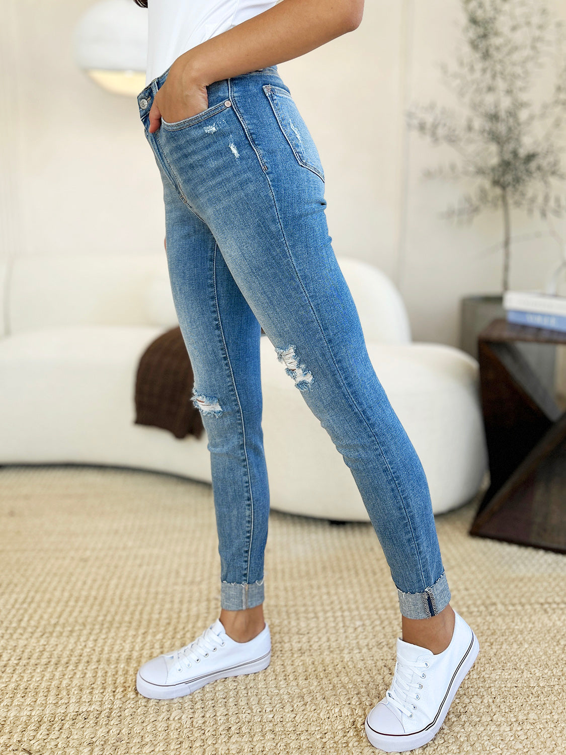 Judy Blue Full Size Mid Rise Destroy & Cuff Skinny Jeans-Angel Casuals