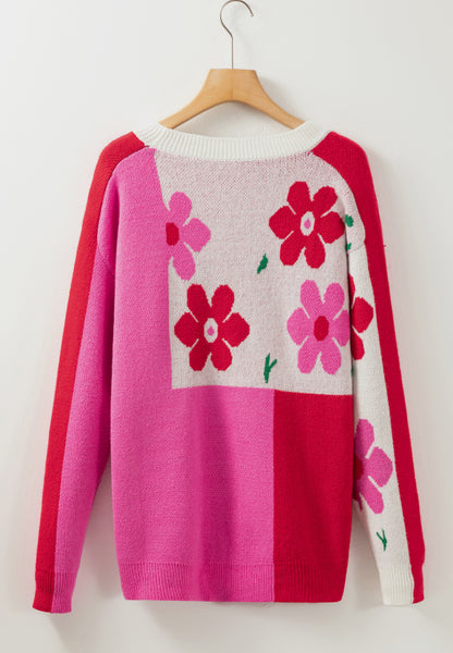 Flower Color Block Round Neck Sweater-Angel Casuals