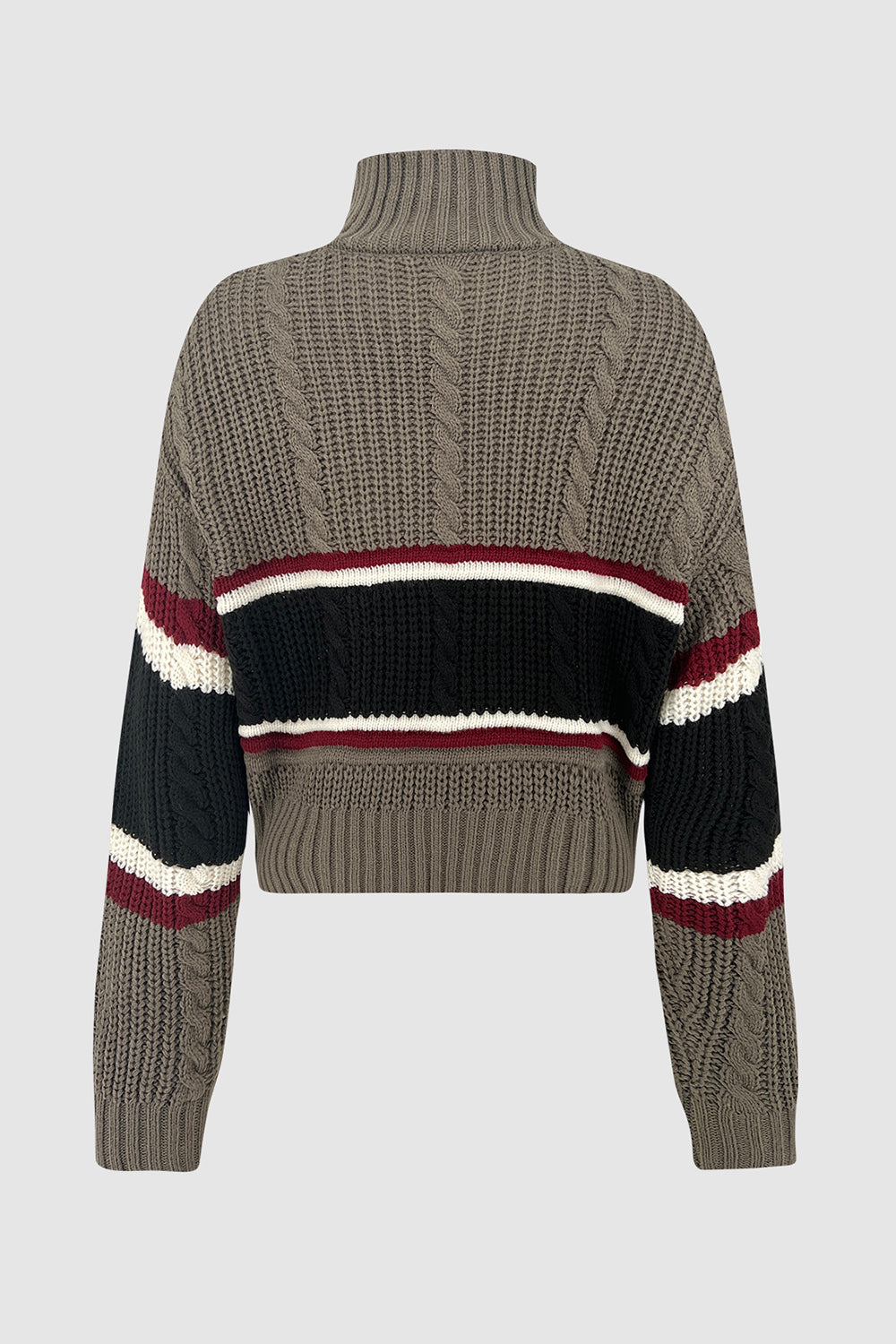 Cable-Knit Striped Quarter Zip Turtleneck Sweater-Angel Casuals