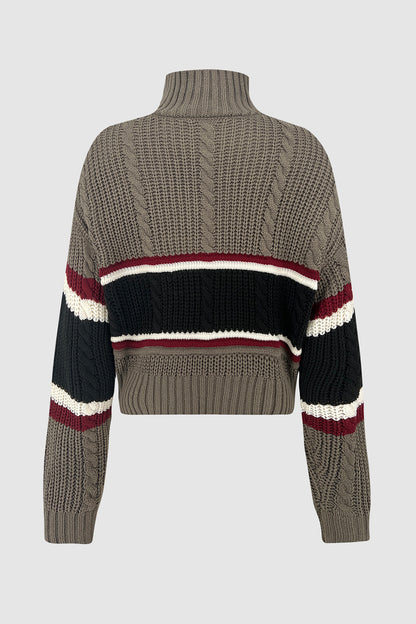 Cable-Knit Striped Quarter Zip Turtleneck Sweater-Angel Casuals