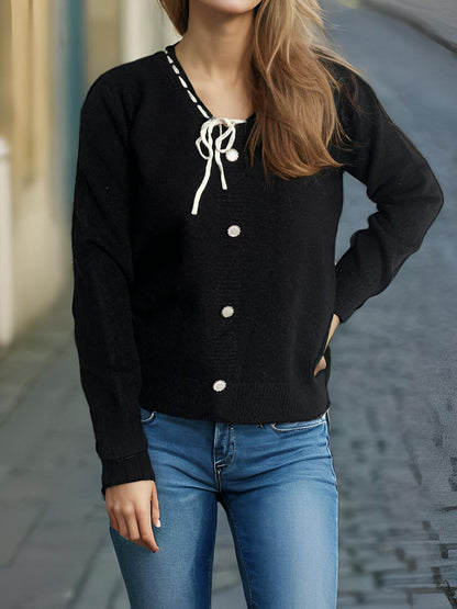 Tied V-Neck Long Sleeve Sweater-Angel Casuals