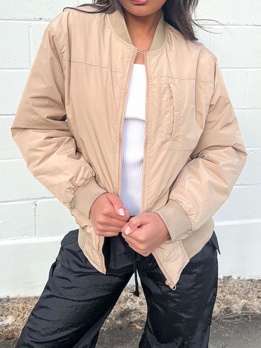 Zip Up Baseball Collar Jacket with Pockets-Angel Casuals