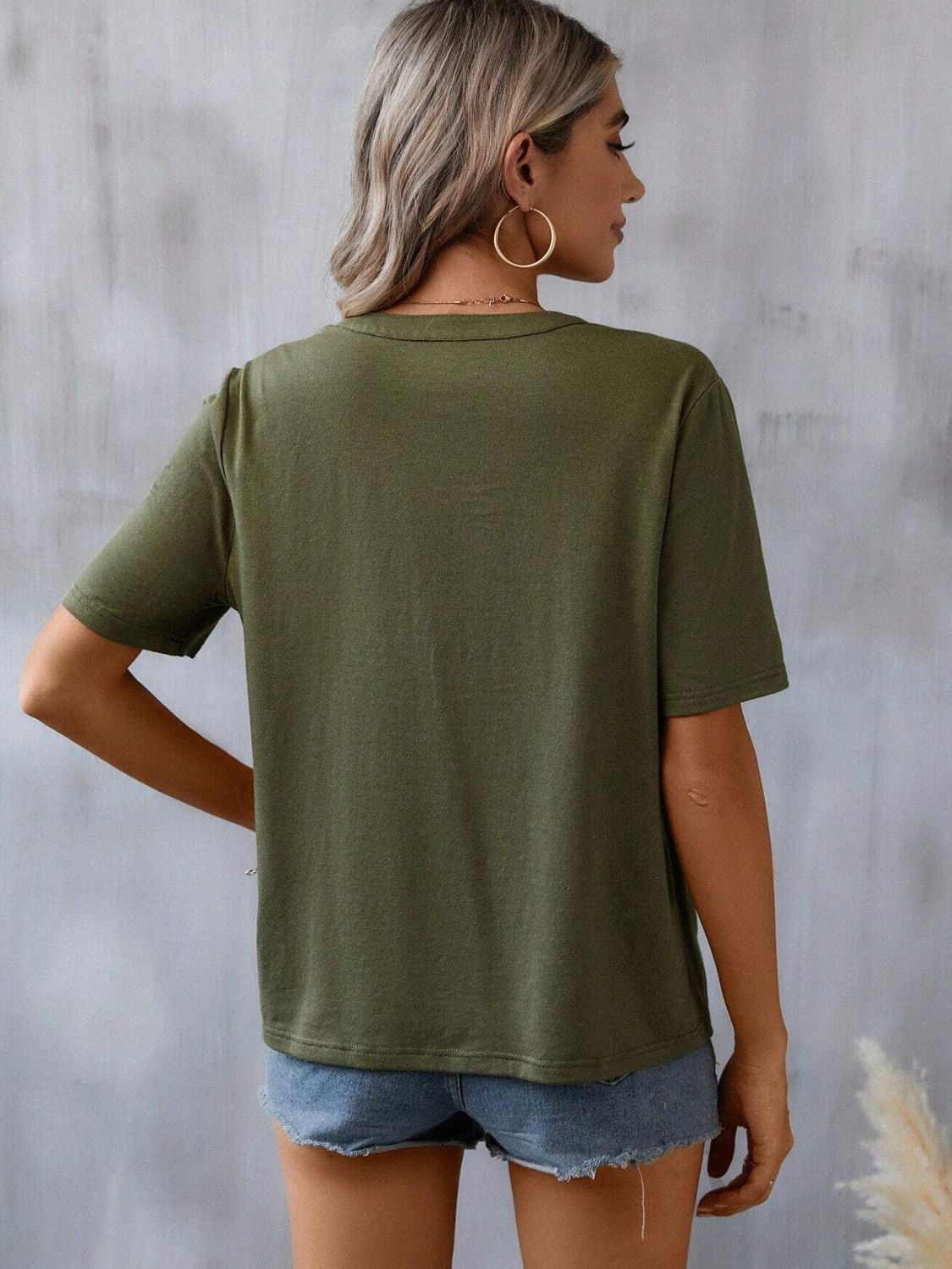 Embroidered Notched Short Sleeve T-Shirt-Angel Casuals