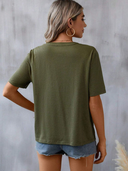 Embroidered Notched Short Sleeve T-Shirt-Angel Casuals