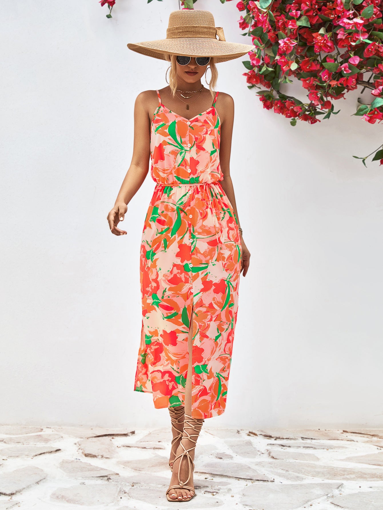 Printed Spaghetti Strap Front Slit Dress-Angel Casuals