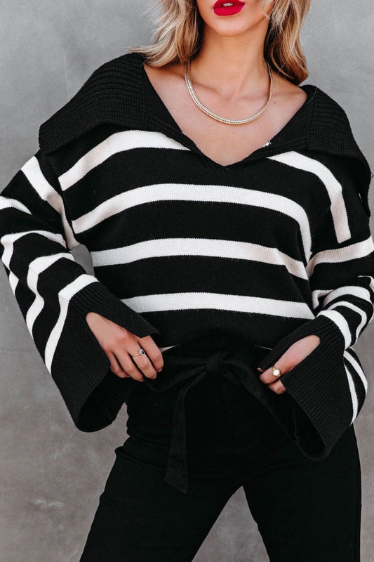 Striped Johnny Collar Long Sleeve Sweater-Angel Casuals