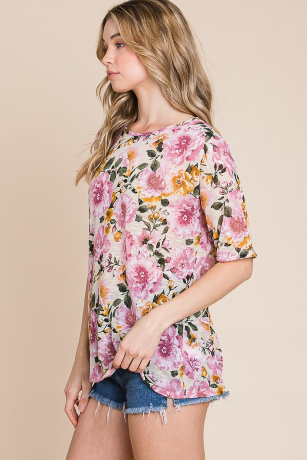 BOMBOM Floral Round Neck T-Shirt-Angel Casuals