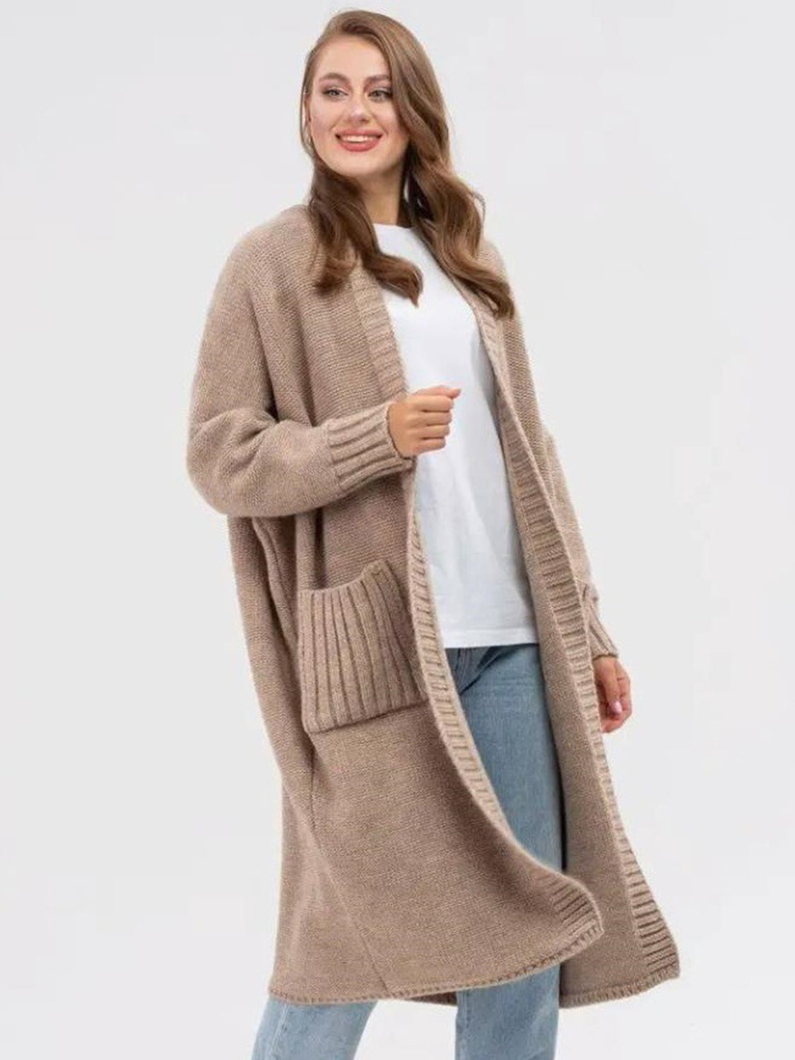 Pocketed Open Front Long Sleeve Longline Cardigan-Angel Casuals