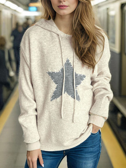Drawstring Star Long Sleeve Hooded Sweater-Angel Casuals