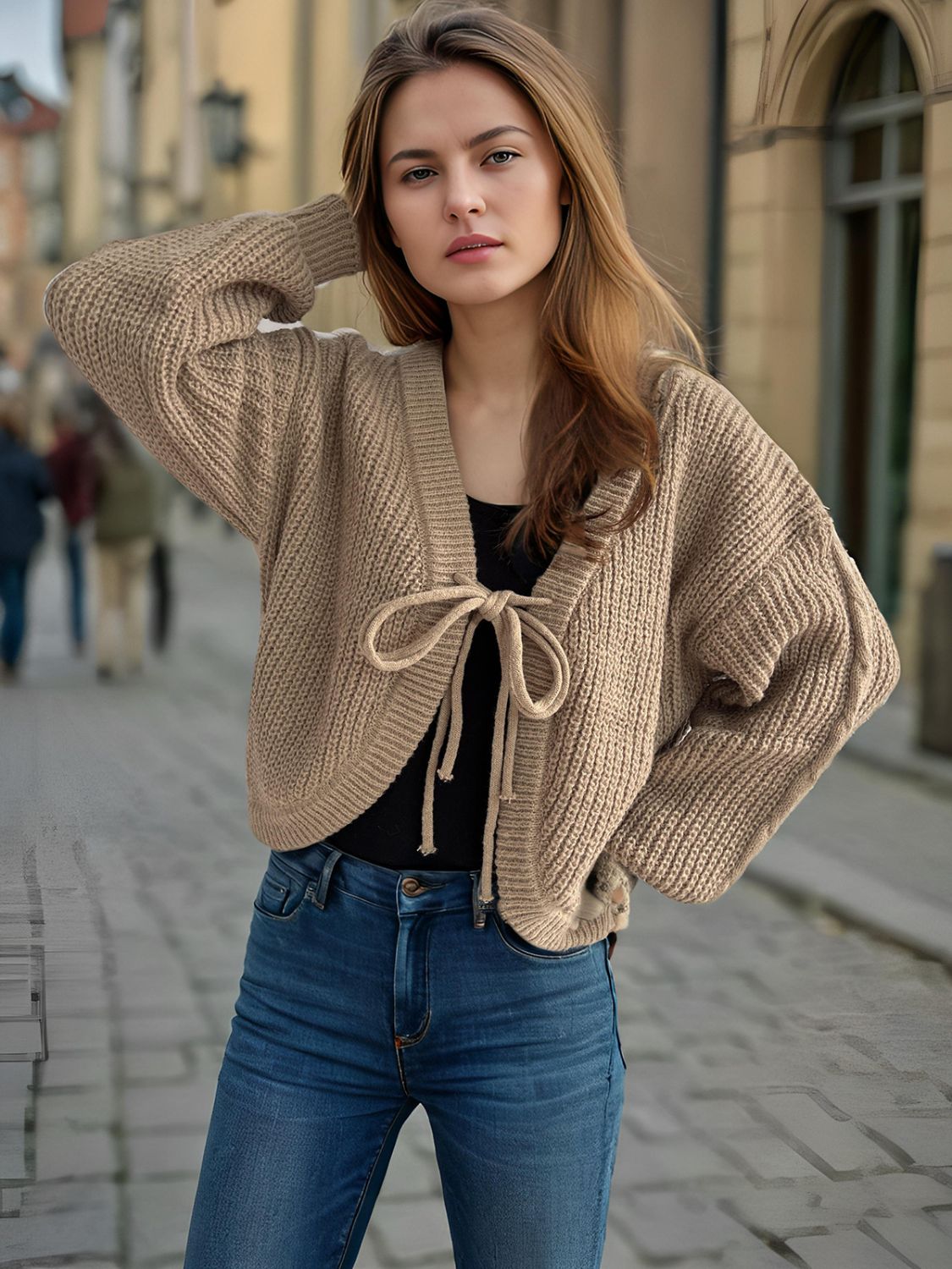 Tied Dropped Shoulder Long Sleeve Cardigan-Angel Casuals