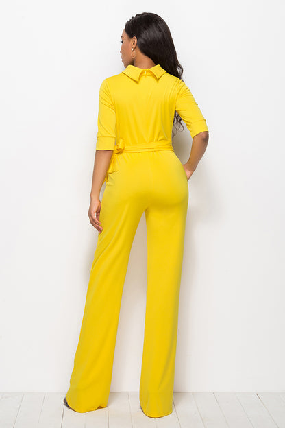 Mock Neck Tie-Waist Half Sleeve Jumpsuit-Angel Casuals