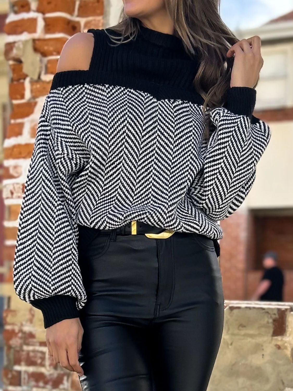 Perfee Mock Neck Cold Shoulder Sweater-Angel Casuals
