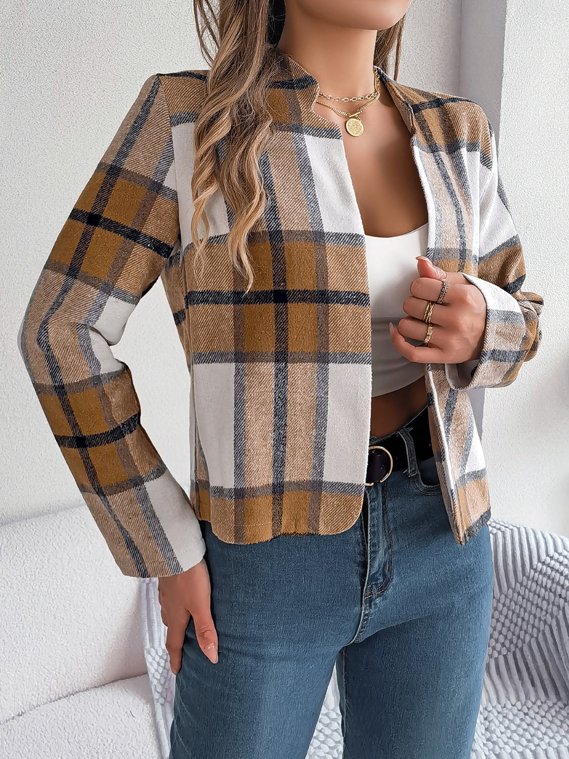 Plaid Open Front Long Sleeve Jacket-Angel Casuals