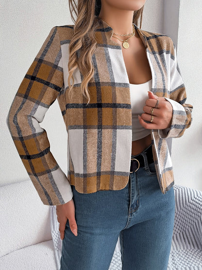 Plaid Open Front Long Sleeve Jacket-Angel Casuals