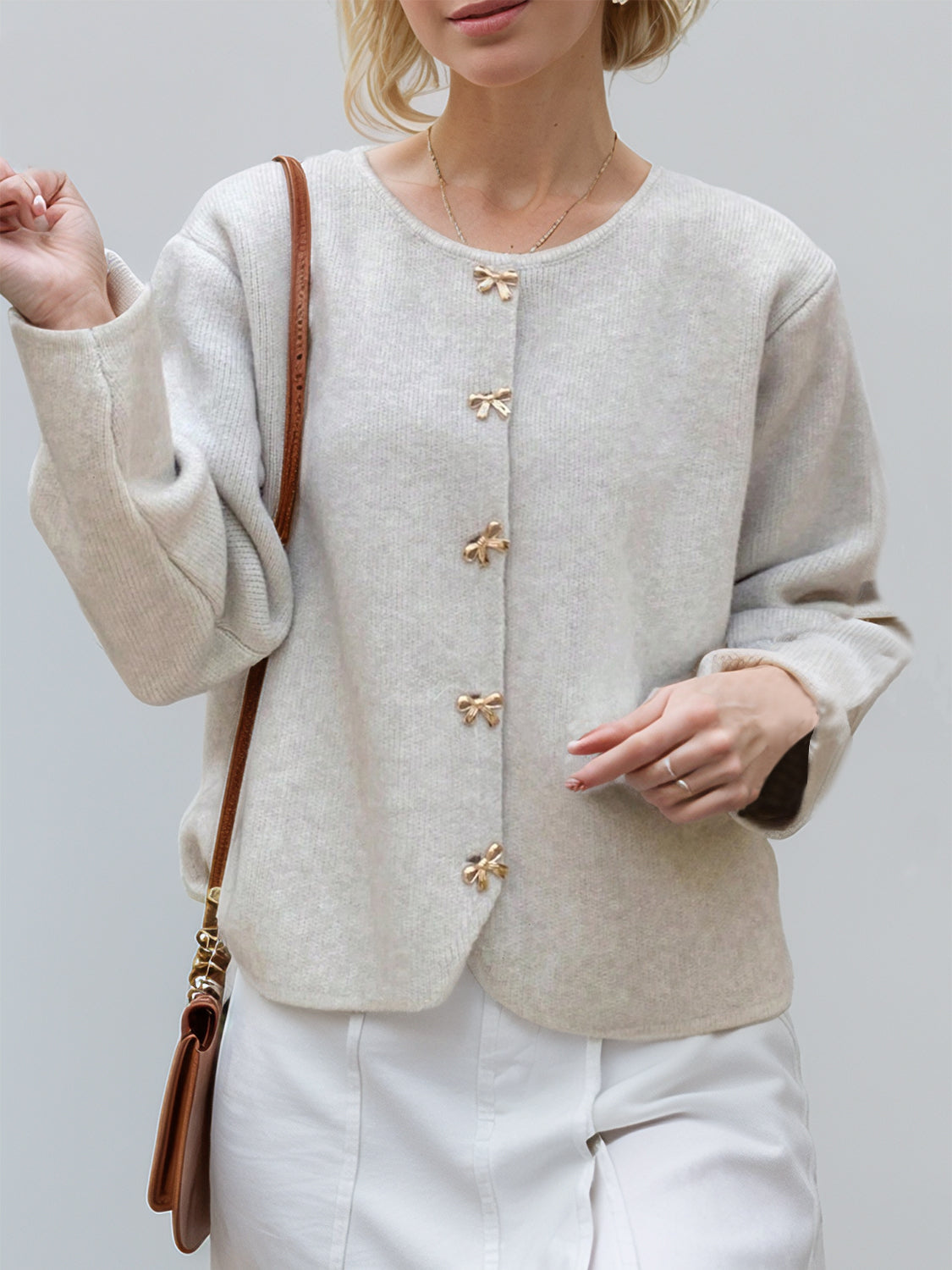 Bow Button Down Round Neck Long Sleeve Cardigan-Angel Casuals