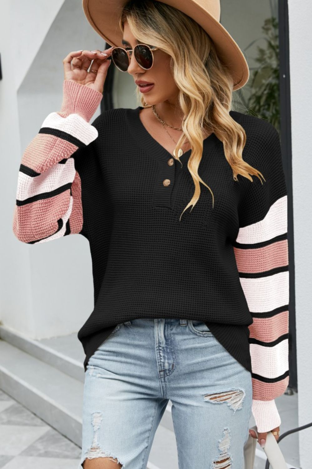 Color Block V-Neck Dropped Shoulder Sweater-Angel Casuals