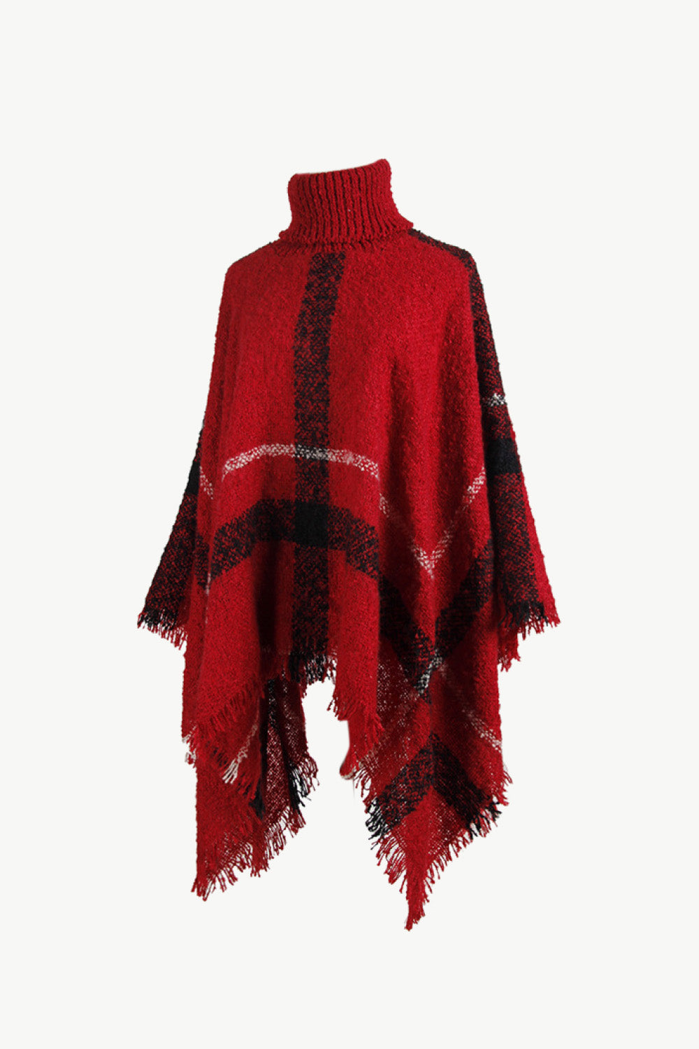 Plaid Turtleneck Raw Hem Poncho-Angel Casuals