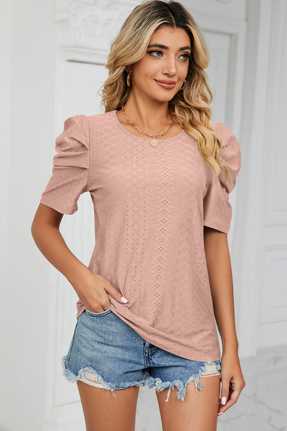 Eyelet Round Neck Puff Sleeve T-Shirt-Angel Casuals