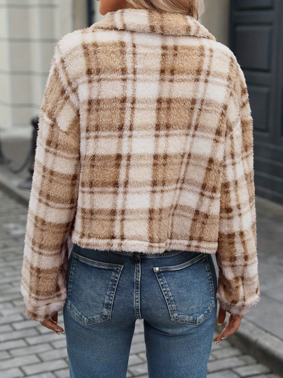 Plaid Button Up Collared Neck Long Sleeve Jacket-Angel Casuals