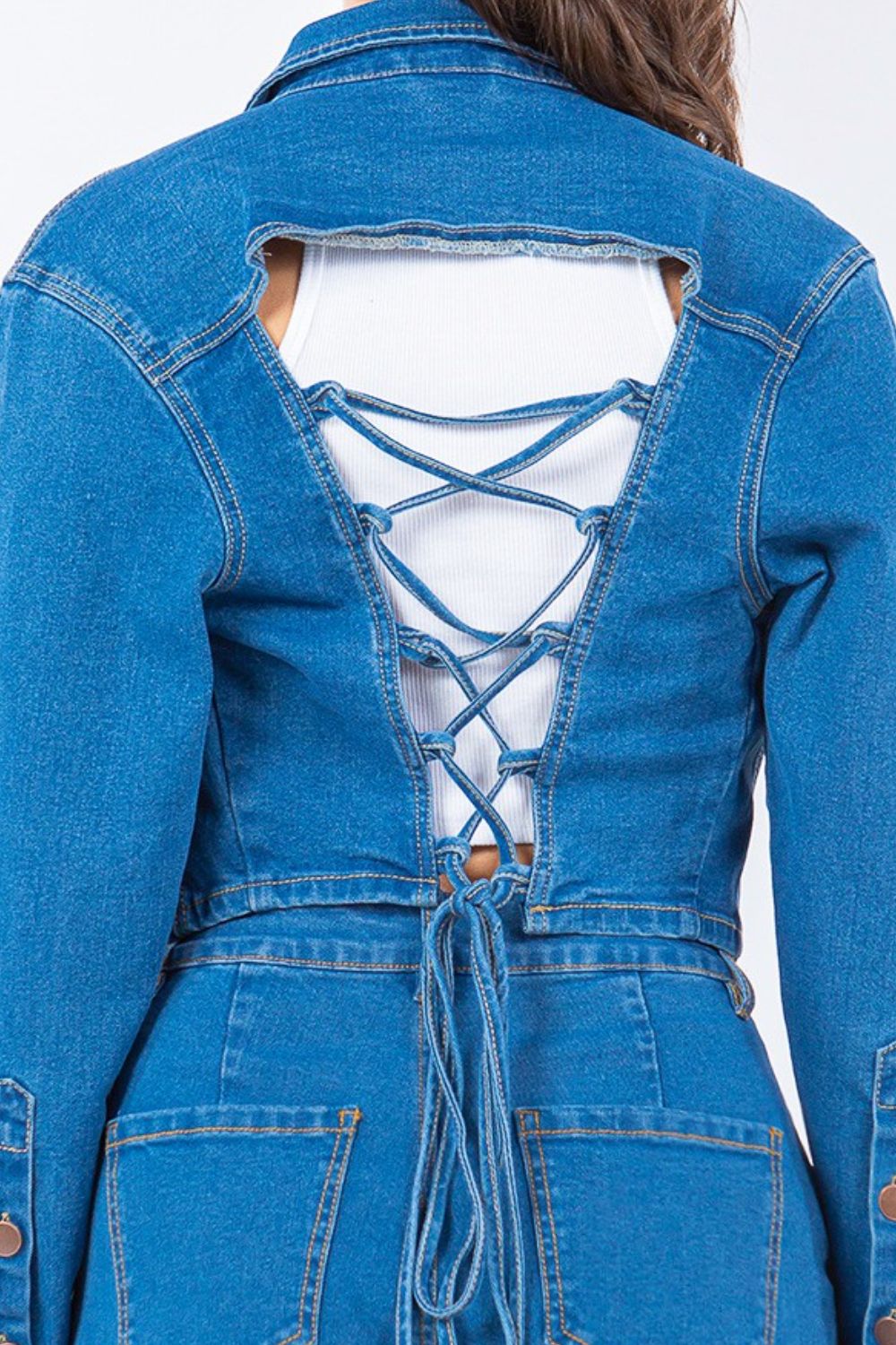 American Bazi Laced Back Cropped Denim Jacket-Angel Casuals