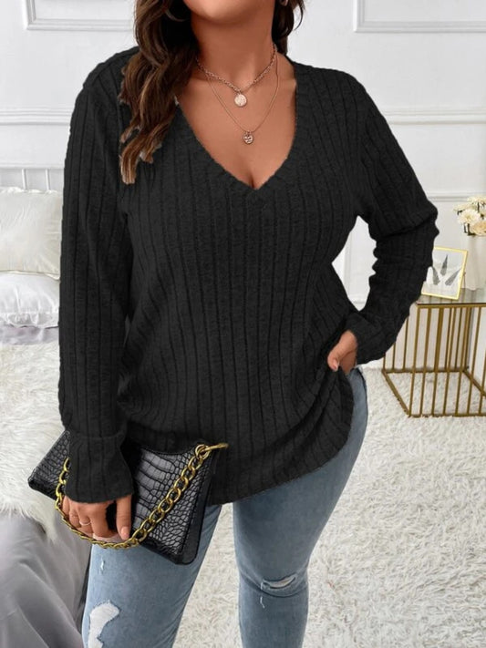 Plus Size V-Neck Long Sleeve T-Shirt-Angel Casuals